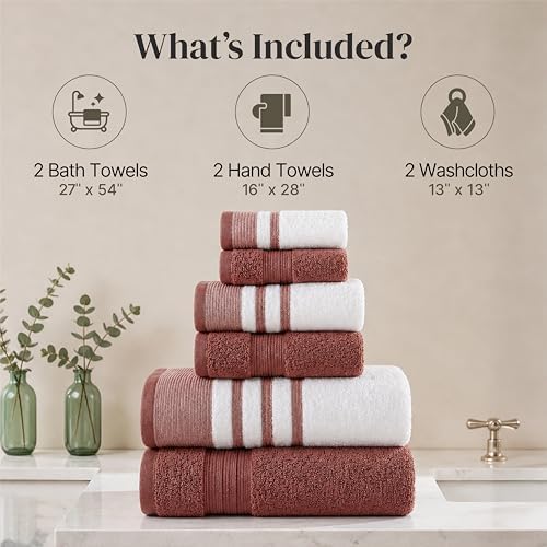 Modern Threads 6 Piece Bath Towel Set – Bathroom Towel Set with 2 Bath Towels, 2 Hand Towels & 2 Washcloths – 100% Cotton, Soft & Absorbent – Classic Border Stripe (Rose)