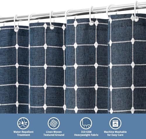 Boho Farmhouse Classic Plaid Linen Tassel Shower Curtain Navy Blue,72x78
