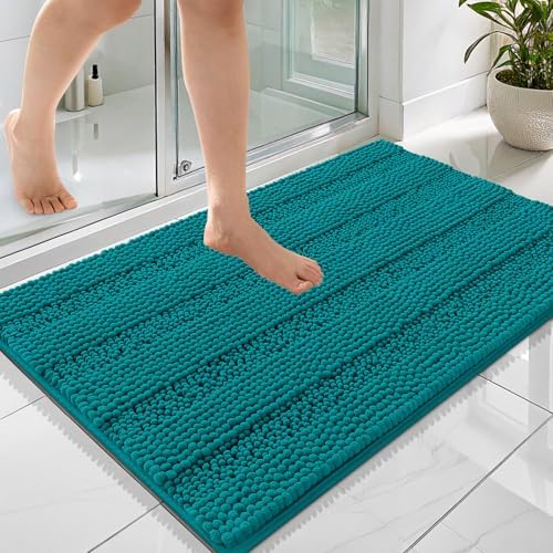 OLANLY Thick Bathroom Rugs 36x24, Chenille Striped Bath Rugs, Deep Lake