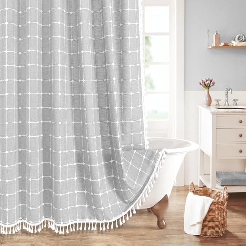 Boho Farmhouse Classic Plaid Linen Tassel Shower Curtain Light Grey,72x78