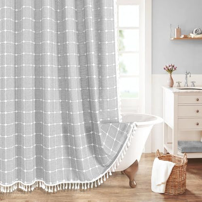 Boho Farmhouse Classic Plaid Linen Tassel Shower Curtain Light Grey,72x84