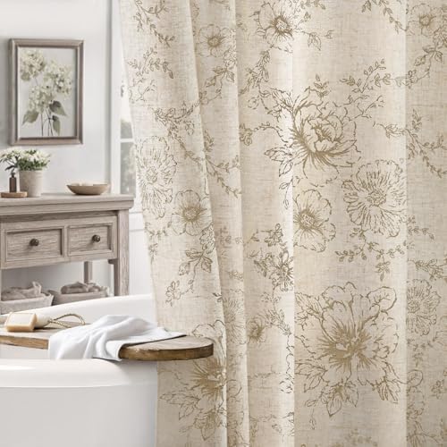 Farmhouse Vintage Linen Shower Curtain for Bathroom, Beige Floral