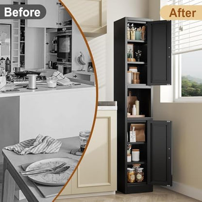 Tall Metal Narrow Bathroom Storage Cabinet 67" H, Tall Black Pantry Cabinets with 4 Adjustable Shelves and 2 Doors for Kitchen, Home Office, Living Room, Dining Room(11.8 inches Wide)