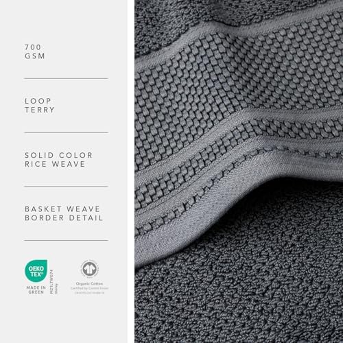 Texere 100% Organic Cotton Rice Weave Jacquard 700 GSM Luxury Bath Towel Sets - Ultra Soft and Absorbent Hotel Quality, 2 Large Bath Towels, 2 Hand Towels, 2 Washcloths (Rice Weave, Charcoal, 6 Piece)