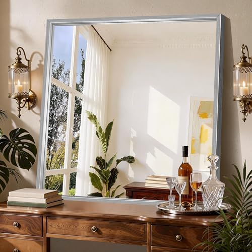 CIRCUMI 40"x40" Brushed Silver Bathroom Mirror, Square Mirror for Vanity