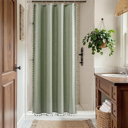 Nanspring Stall Sage Green Boho Linen Shower Curtain 48 Inch Elegant Fancy Tassel Farmhouse Fabric Shower Curtain Set with Hooks Modern Country Decorative Bath Curtain for Bathroom 48x72, Green
