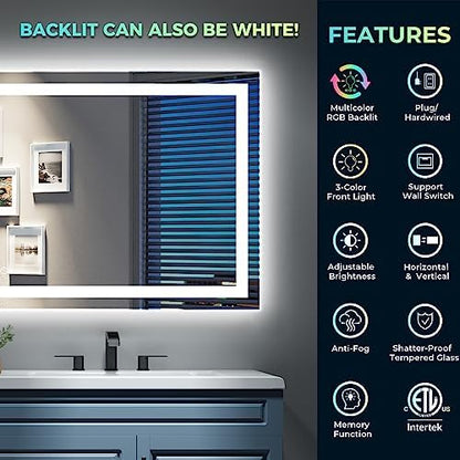 40x30 LED Bathroom Mirror with Lights, RGB Backlit Lighted Mirror