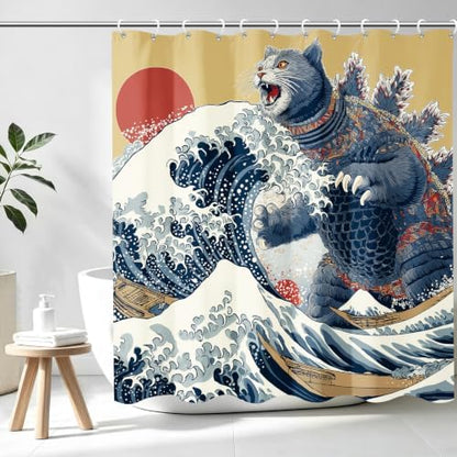 Aimego Funny Cat Shower Curtain Japanese Nautical Anime Ocean Sea Wave Cool Unique Asian Whimsical Humorous Bathroom Decor Bathtub Curtain Fabric Shower Curtain Set with 12 Hooks, 72"x72"