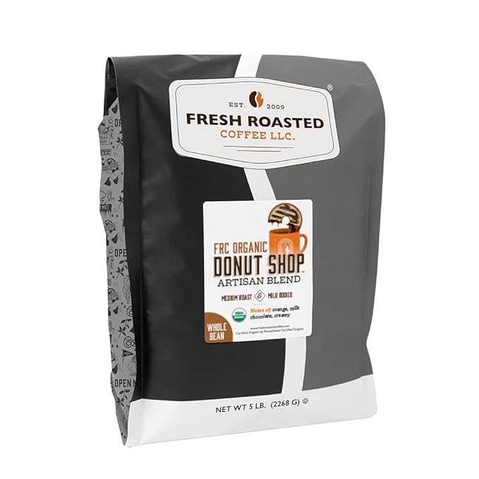 Fresh Roasted Coffee, Organic Donut Shop Whole Bean Coffee, Medium Roast, USDA Organic, Kosher, 5 lb (80 oz)