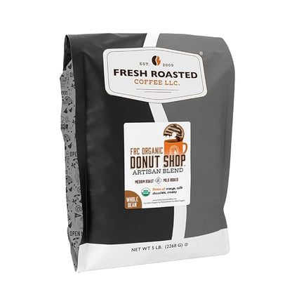 Fresh Roasted Coffee, Organic Donut Shop Whole Bean Coffee, Medium Roast, USDA Organic, Kosher, 5 lb (80 oz)
