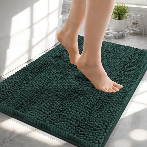OLANLY Thick Small Bathroom Rugs 24x16, Chenille Bath Rugs, Blackish Green