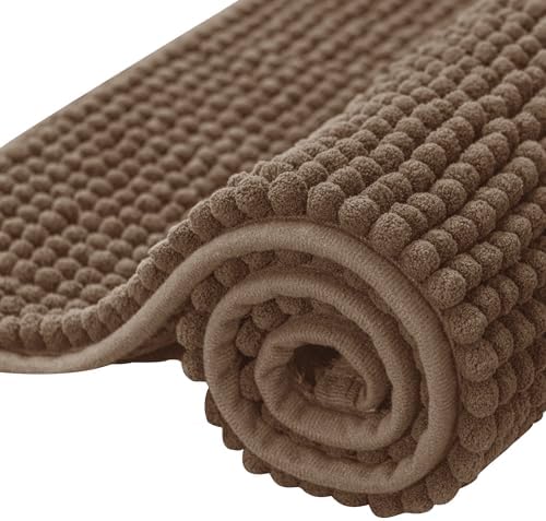 SUBRTEX Bathroom Rugs, 20" x 32" Chenille Bath Rug Soft Short Plush Bath Mat Soft Shower Mat Water Absorbent Shower Mat Quick Dry Machine Washable, Brown