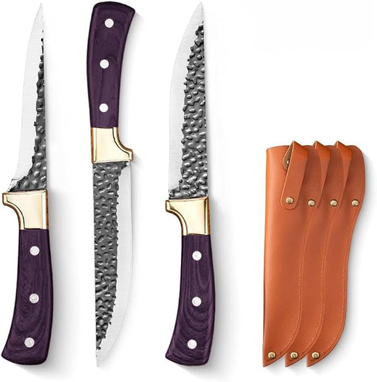 Premium 3-Piece Kitchen Knife Set with Leather Sheaths, High Carbon Steel Forged Boning/Carving/Utility Knives, Sharp Meat Cleaver & Butcher Knives for Kitchen, BBQ & Food Prep, Purple Wood Handle