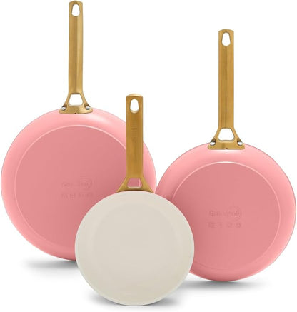 GreenPan 8" 10" & 12" 3 Piece Frying Pan Skillet Set, Healthy Ceramic Nonstick PFAS-Free Cookware, Hard Anodized Aluminum, Gold-Tone Stainless Steel Handles, Dishwasher and Oven Safe, Coral