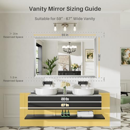 Briivue Bathroom Wall Mirror, Silver Brushed Nickel Metal Frame, 55x36 Inch