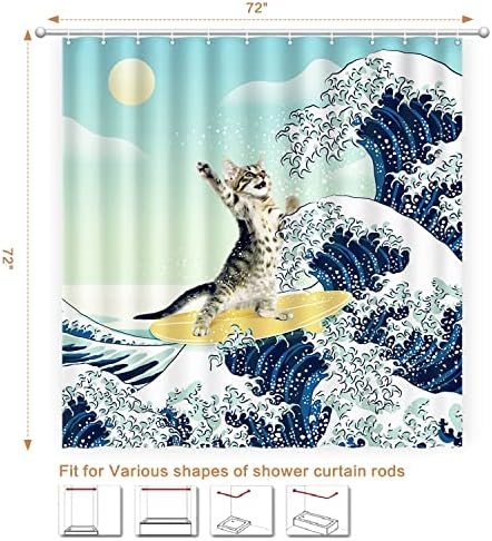 Funny Cat Shower Curtain, Surfer Cat Shower Curtain Battle Blue Ocean Great Wave for Bathroom with 12 Hooks, Polyester Fabric Summer Shower Curtains Set Waterproof Kids Bath ShowerCurtain Decorative
