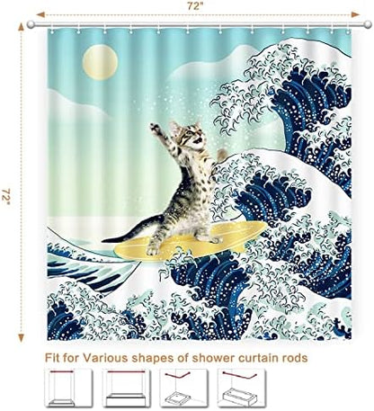 Funny Cat Shower Curtain, Surfer Cat Shower Curtain Battle Blue Ocean Great Wave for Bathroom with 12 Hooks, Polyester Fabric Summer Shower Curtains Set Waterproof Kids Bath ShowerCurtain Decorative