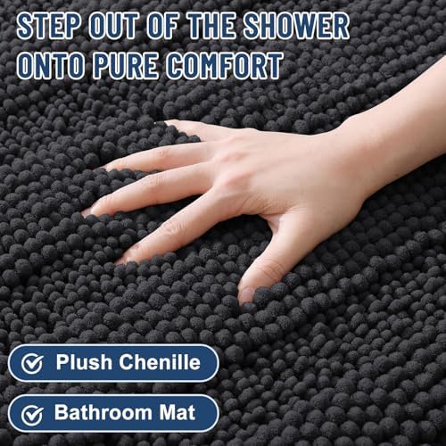 Grandaily Chenille Striped Bathroom Rugs 36x24, Extra Thick and Soft Absorbent Bath Mats, Rubber Backing, Plush Shaggy Shower Carpet, Machine Wash Dry, Bath Rug for Bathroom, Charcoal