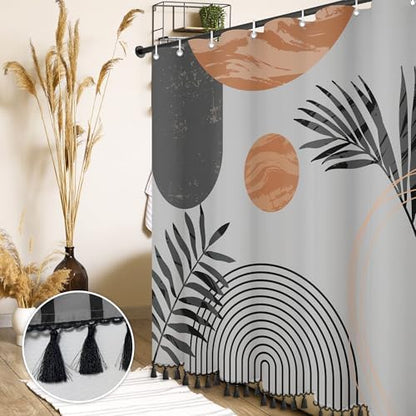 Boho Mid Century Leaf Shower Curtain Set,Arch Sun Design,Minimalistic Leaves Pattern,Waterproof and Luxurious Fabric-12 Hooks(Grey-72" x 96")