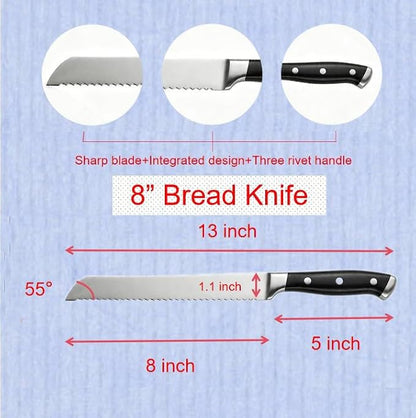 8 Inch Serrated Bread Knife, Triple Rivet Kitchen Knives with Ergonomic Handle, High Carbon Steel Wavy Edge Baking Cutting Knife for Slicing Homemade Bread, Sourdough, Bagels, Cake