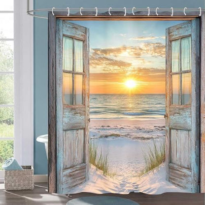Beach Coastal Shower Curtain, Ocean Barn Door Nautical Sunrise Seaside Seascape Wave Decor Bath Curtains, Rustic Wood Teal Turquoise Bathroom Accessories Fabric Waterproof with Hooks, 36X72in