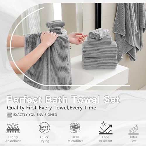 8-Piece Premium Towel Set for Bathroom|2 Oversized Large Bath Sheet,2 Hand Towels,4 Washcloths|Soft Cozy Highly Absorbent Fast Dry Microfiber Towel Set for Hotel,Bathroom Essentials,Dark Grey