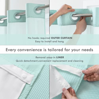 Mrs Awesome No Hook Shower Curtain with Snap-in Liner, Embossed Waffle Design Fabric Shower Curtain for Bathroom, Soft & Lightweight, 71x74, Sky Blue