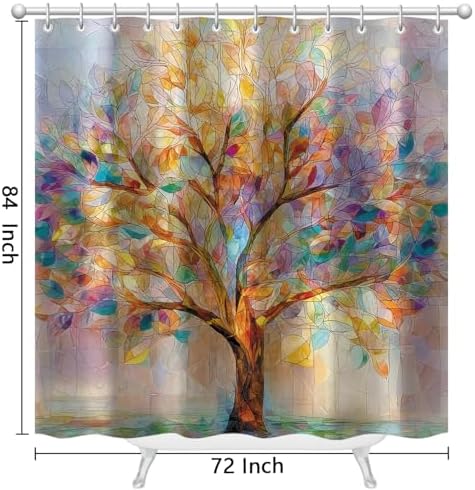 Moonslim Colorful Tree Shower Curtains, Stained Glass Trees Leaves Colored Seasons Fabric Shower Curtain Set Modern Aesthetic Bath Curtain for Bathroom Decor Waterproof Cloth with Hooks 72X84 Inch