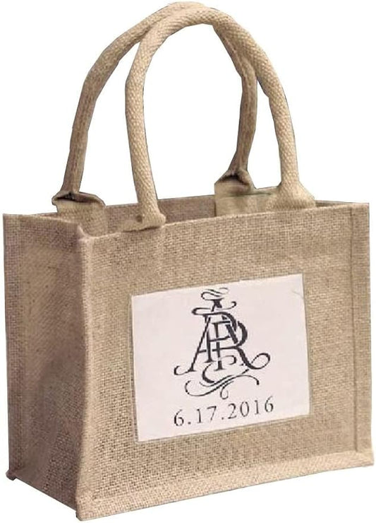 TBF Sturdy Cute Natural Jute Burlap Small Rustic Wedding Welcome Gift Bags with Clear Front Pocket