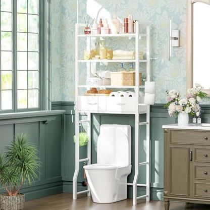 Simple Trending 4 Tier Over The Toilet Storage with Drawers，Holder & Hooks