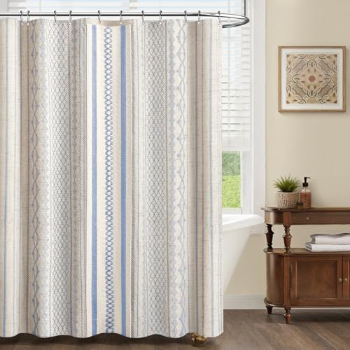 Light Blue Boho Linen Shower Curtain,72" W x 72" L