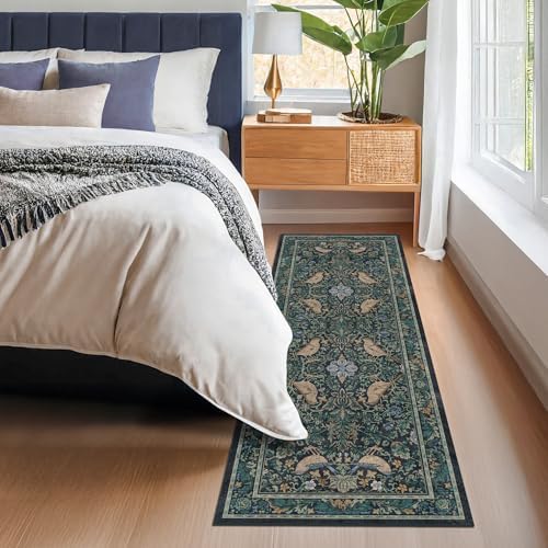 Hazo Haus Boho Vintage 2'6"x8' 8ft Hallyway Long Runner Rug - Non Slip Washable Front Door Rug Indoor Entrance, Kitchen, Bathroom, Low Pile & Soft Woodland Floral Kitchen Floor Mats