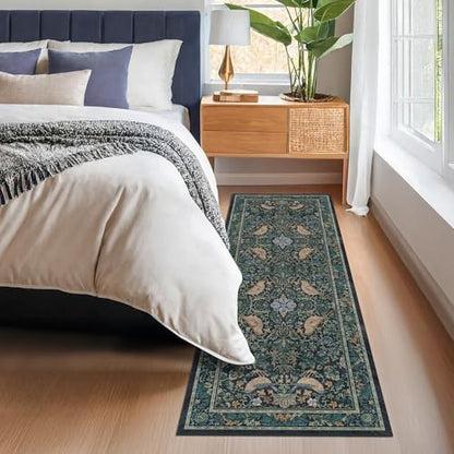 Hazo Haus Boho Vintage 2'6"x8' 8ft Hallyway Long Runner Rug - Non Slip Washable Front Door Rug Indoor Entrance, Kitchen, Bathroom, Low Pile & Soft Woodland Floral Kitchen Floor Mats