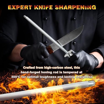 Knife Sharpener Rod, Kitchen Knives Sharpener Carbon Steel Professional Knife Sharpening Steel, Honing Rod with Hanging Holes (13 inches), V