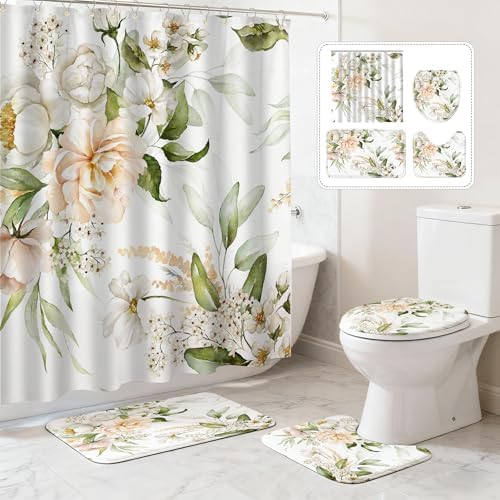 16 PCS Floral Bathroom Shower Curtain Set with Rugs 12 Metal Hooks,72 x 72"