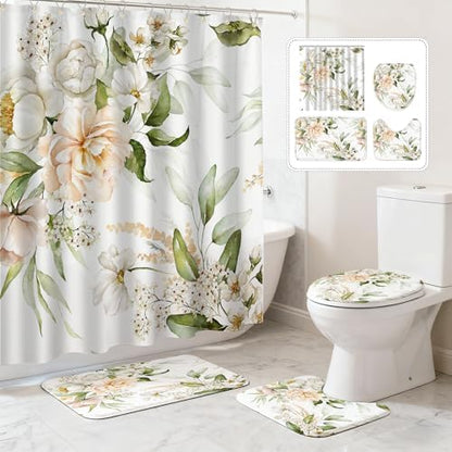 16 PCS Floral Bathroom Shower Curtain Set with Rugs 12 Metal Hooks,72 x 72"