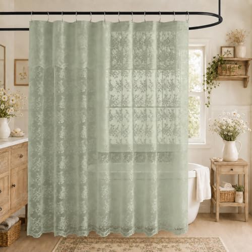 TUDECO Extra Long Green Lace Shower Curtain for Bathroom, 72W x 84L Inch