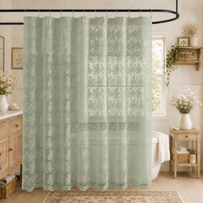 TUDECO Extra Long Green Lace Shower Curtain for Bathroom, 72W x 84L Inch