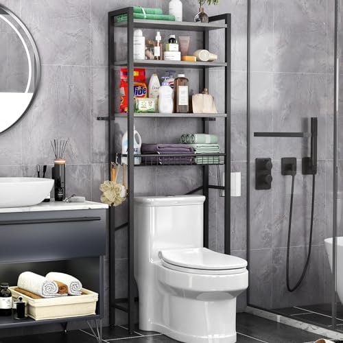 Kalrin Over-The-Toilet Storage Rack, 4-Tier Bathroom Organizer Shelf Over Toilet with Adjustable Shelf and Basket, Freestanding Space Saver Bathroom Shelves Above Toilet for Room (Pure Gray)