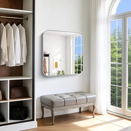 Silver Bathroom Mirror, 36 x 36 Inch Square Mirrors for Wall, Aluminum Metal Framed Vanity Mirror, Rounded Corner Wall Mounted Mirror for Over Sinks Living Room Bedroom Entryway