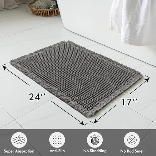 MIULEE Set of 2 Waffle Bathroom Rugs Boho Bath Mat Dark Grey 17x24 Inch
