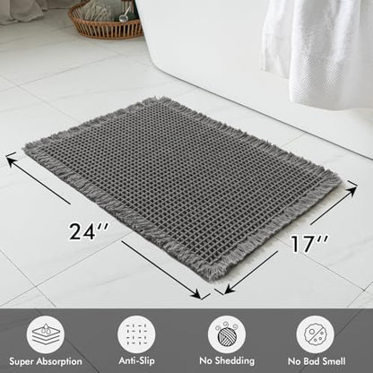 MIULEE Set of 2 Waffle Bathroom Rugs Boho Bath Mat Dark Grey 17x24 Inch