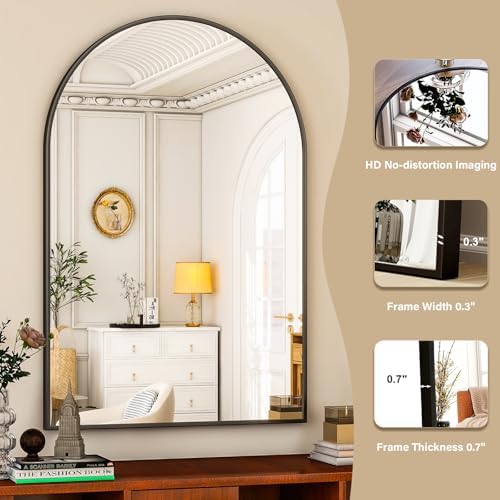 HARRITPURE 16"x24" Arched Bathroom Mirror - Black Wall Mounted Mirror - Black Arch Mirror - Aluminum Alloy Frame Bathroom Mirror Living Room, Bedroom, Bathroom and Entryway