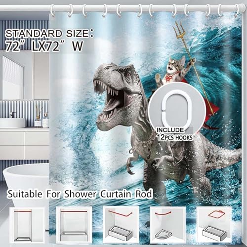 Funny Cat Shower Curtain, Cool Cat Dinosaur Japanese Ocean Wave Shower Curtain, Cat Riding Dinosaur Fun Shower Curtain Nautical Kids Children Rustic Wooden Farmhouse Shower Curtain, 72X72inch, Blue