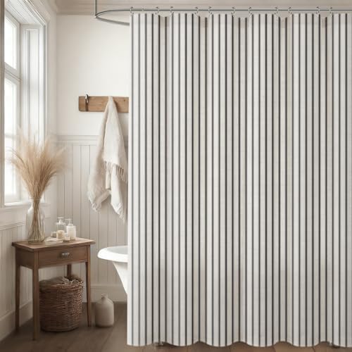 Farmhouse Striped Shower Curtain Black Vintage Linen Curtain 72"W X 72"L