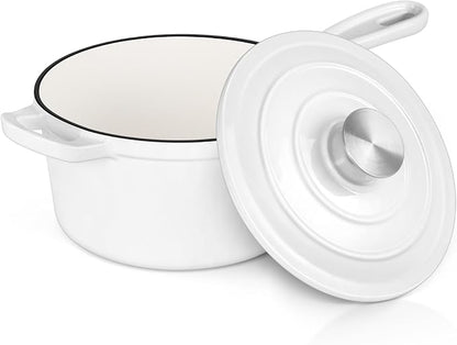 E-far Enameled Cast Iron Sauce Pan, 2 Quart Dutch Oven Saucepan with Lid, Small Sauce Pot for Cooking, Boiling, Healthy & Non Toxic, Induction & Oven Safe, White