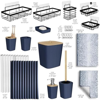 Clara Clark Bathroom Accessories Set - 27PC Bathroom Set with Adhesive Corner Shower Caddy Hanging, Bathroom Sets with Shower Curtain and Rugs, Ombre Navy Shower Curtain Set with Bathroom Trash Can