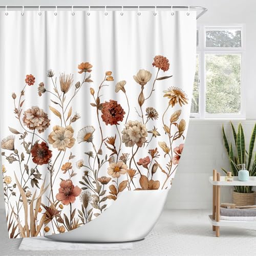 Vintage Boho White Floral Shower Curtain, Brown Cream Tan Rustic Farmhouse Flower Shower Curtain Set, Cute Botanical Wlidflowers Fabric Shower Curtains Decoration, 72X72 Aesthetic Bathroom Accessories