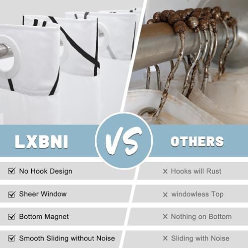 LXBNI Black White No Hook Shower Curtain with Liner, 71 x 80 Inch