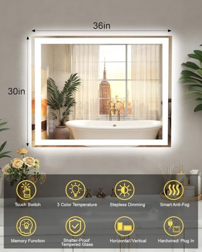 30x36 LED Bathroom Mirror, 6000LM, Separate Front and Back Lights